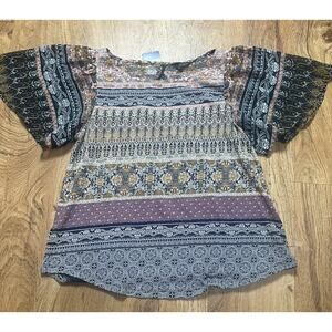 Lucky Brand Multicolor Pullover Top With Sheer Flutter Sleeves Size Medium NWT